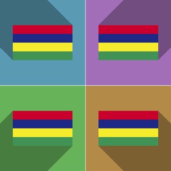 Flags of Mauritius. Set of colors flat design and long shadows.  illustration