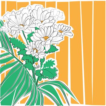 Spring flowers card, hand drawn illustration of a cutout daisies bouquet over a striped backgound