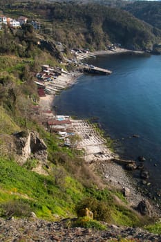 High view of cove, clear seascape and sea coast.