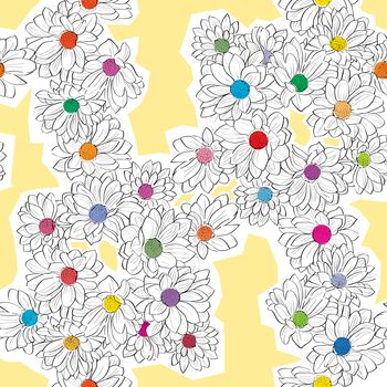 Seamless retro pattern with cutout daisies drawing over a yellow background