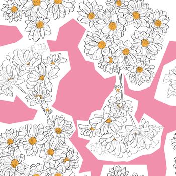 Seamless retro pattern with cutout daisies drawing over a pink background