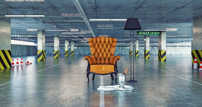luxury armchair in a urban empty parking. 3d concept