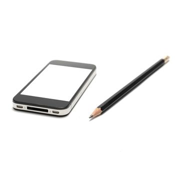 smart phone and pencil isolated on white background