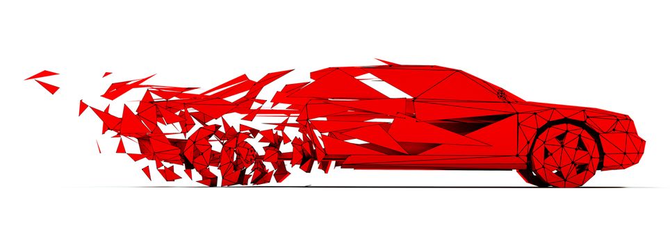 Low-poly style moving red car. 3d concept