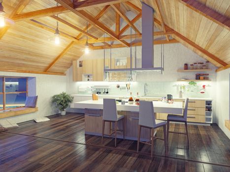 modern kitchen interior with island in the attic (3d design concept)