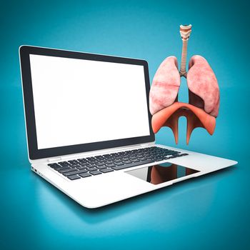 model of the lungs and white laptop on a blue background