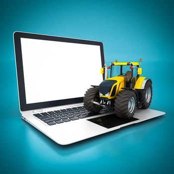 yellow tractor and white laptop on a blue background