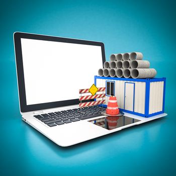 concrete pipes and white laptop on a blue background