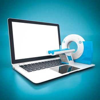 MRI image of the device and white laptop on a blue background