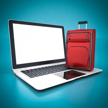 red suitcase and white laptop on a blue background
