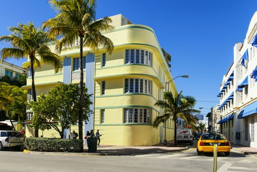 MIAMI SOUTH BEACH FLORIDA, USA - JANUARY 22: Ocean drive buildings january 22 2014 in Miami Beach, Florida. Art Deco architecture in South Beach is one of the main tourist attractions in Miami.