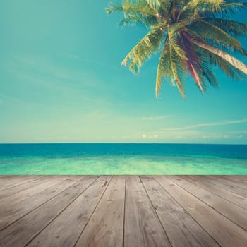Retro vintage style summer sea view with coconut tree with wooden floor.