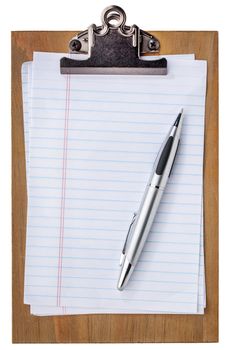 wooden clipboard with blank paper and pen isolated on white
