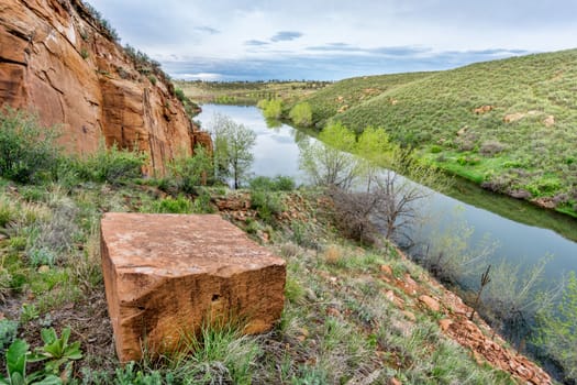 sandstone block and old sandstone quarry on lake shore - Horsetooth Reservoir, Fort Collins, Colorado