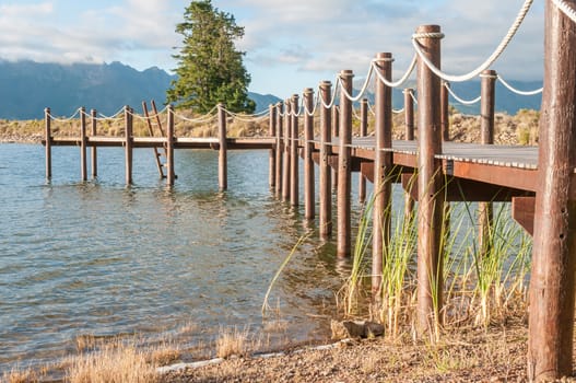 Repeating pattern of wooden poles in a jetty in a dam near Sir Lowrys Pass