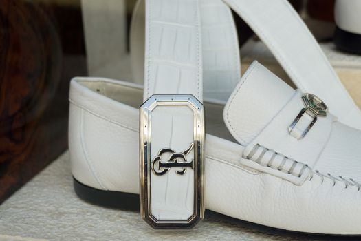BEVERLY HILLS, CA/USA - MAY 10, 2015:  Stefano Ricci trademark and logo on shoes and belt. Stefanno Ricci specializes in luxury mens clothing.