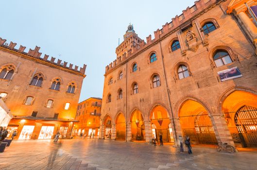 Bologna. Piazza Maggiore at night, Italy.