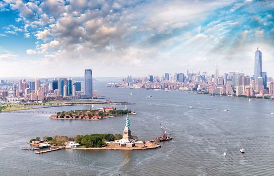 Aerial view of Statue of Liberty - Manhattan and Jersey City.