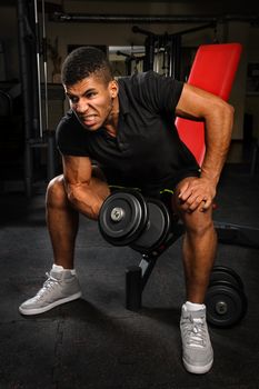 handsome young african descent mixed race man doing sitting biceps curl workout at bench in gym