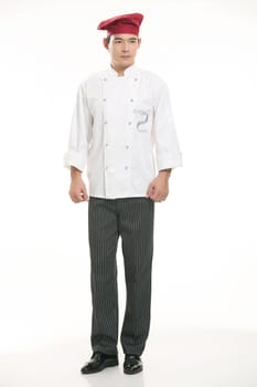 Wearing all kinds of clothing chef dietitian in front of white background