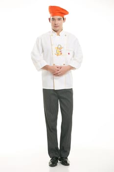 Wearing all kinds of clothing chef dietitian in front of white background