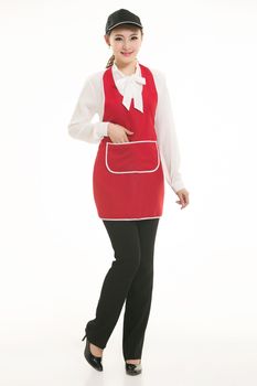Wear all sorts of apron waiter standing in white background