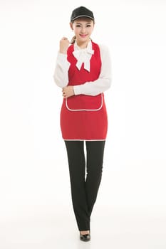 Wear all sorts of apron waiter standing in white background