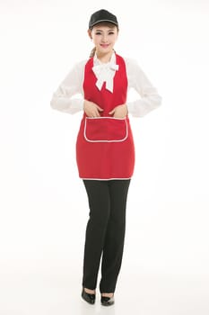 Wear all sorts of apron waiter standing in white background
