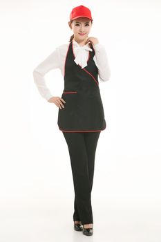 Wear all sorts of apron waiter standing in white background