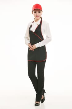 Wear all sorts of apron waiter standing in white background