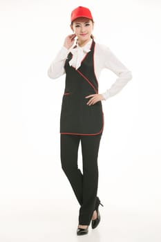 Wear all sorts of apron waiter standing in white background