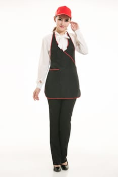 Wear all sorts of apron waiter standing in white background