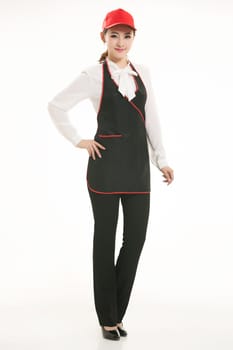 Wear all sorts of apron waiter standing in white background