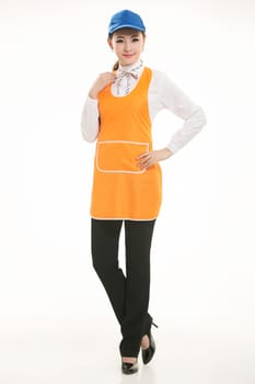 Wear all sorts of apron waiter standing in white background