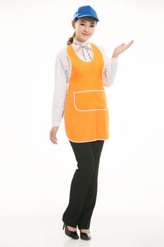 Wear all sorts of apron waiter standing in white background