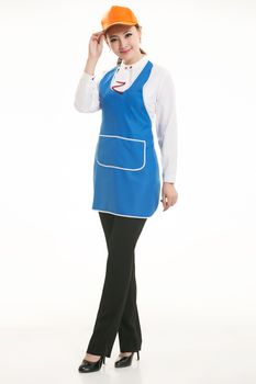 Wear all sorts of apron waiter standing in white background