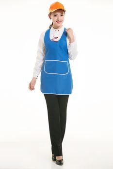 Wear all sorts of apron waiter standing in white background
