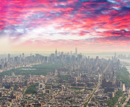 New York City - Central Park and Midtown Manhattan from helicopter at dusk.