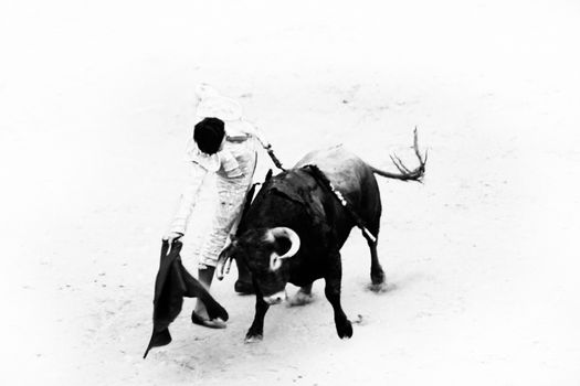 Bullfigting in bullring Las Ventas, Madrid, Spain. Artistic abstract black and white image.