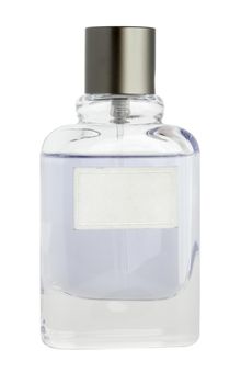 isolated vial with perfume and grey cap on white background
