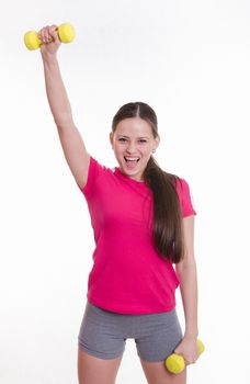 Young beautiful girl holds Europeans physical exercise