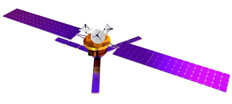 3D model of an artificial satellite of the Earth, equipped solar panels and parabolic satellite communications antenna