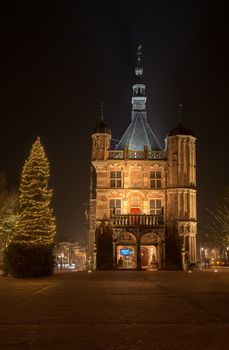 Illuminated market place in the city of Deventer in the center of the Netherlands because of a special Charles Dickens weekend
