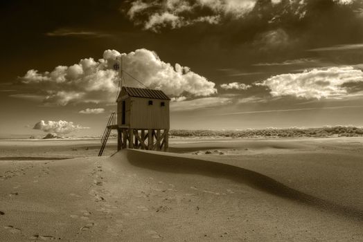 Beach hut on the island of Terschelling in the Netherlands. Authentic wooden beach hut, for shelter, on the island of Terschelling in the Netherlands.