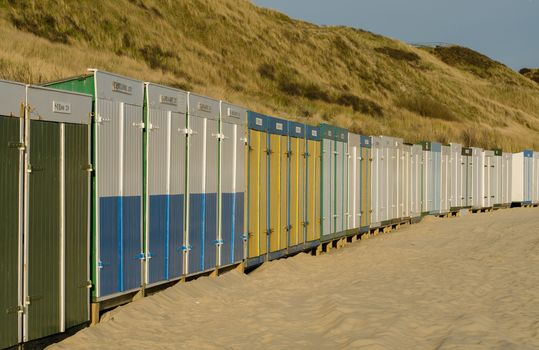 Beach huts on the beach of Zoutelande in the Netherlands, the only south orientated beach of the Netherlands