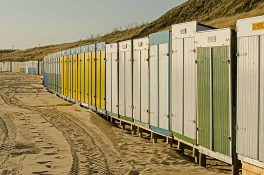 Beach huts on the beach of Zoutelande in the Netherlands, the only south orientated beach of the Netherlands