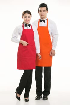 Wear all sorts of apron waiter standing in white background