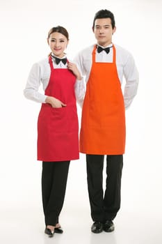 Wear all sorts of apron waiter standing in white background