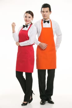 Wear all sorts of apron waiter standing in white background