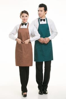 Wear all sorts of apron waiter standing in white background